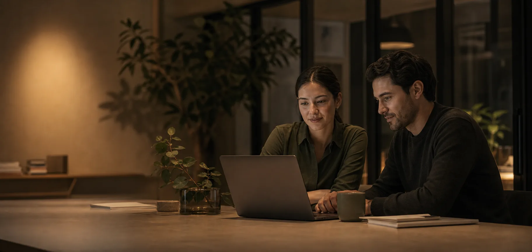 Two teammates in quiet conversation at the end of a work session