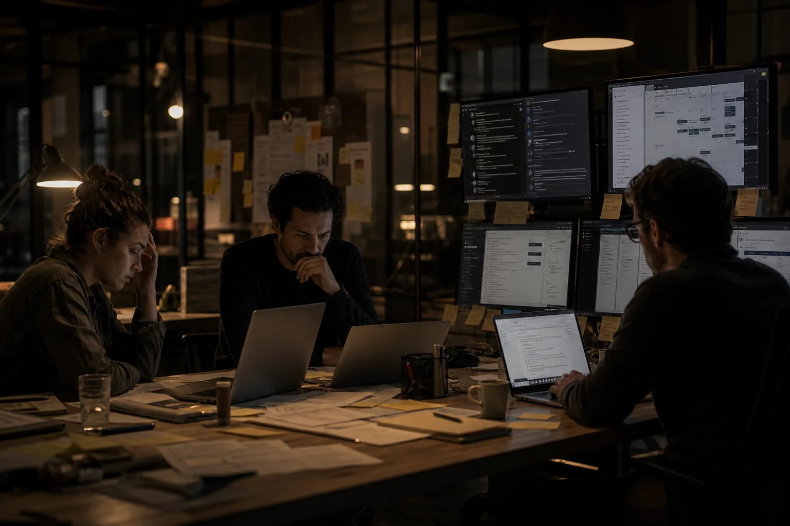 A fragmented remote collaboration setup spread across multiple tools and screens
